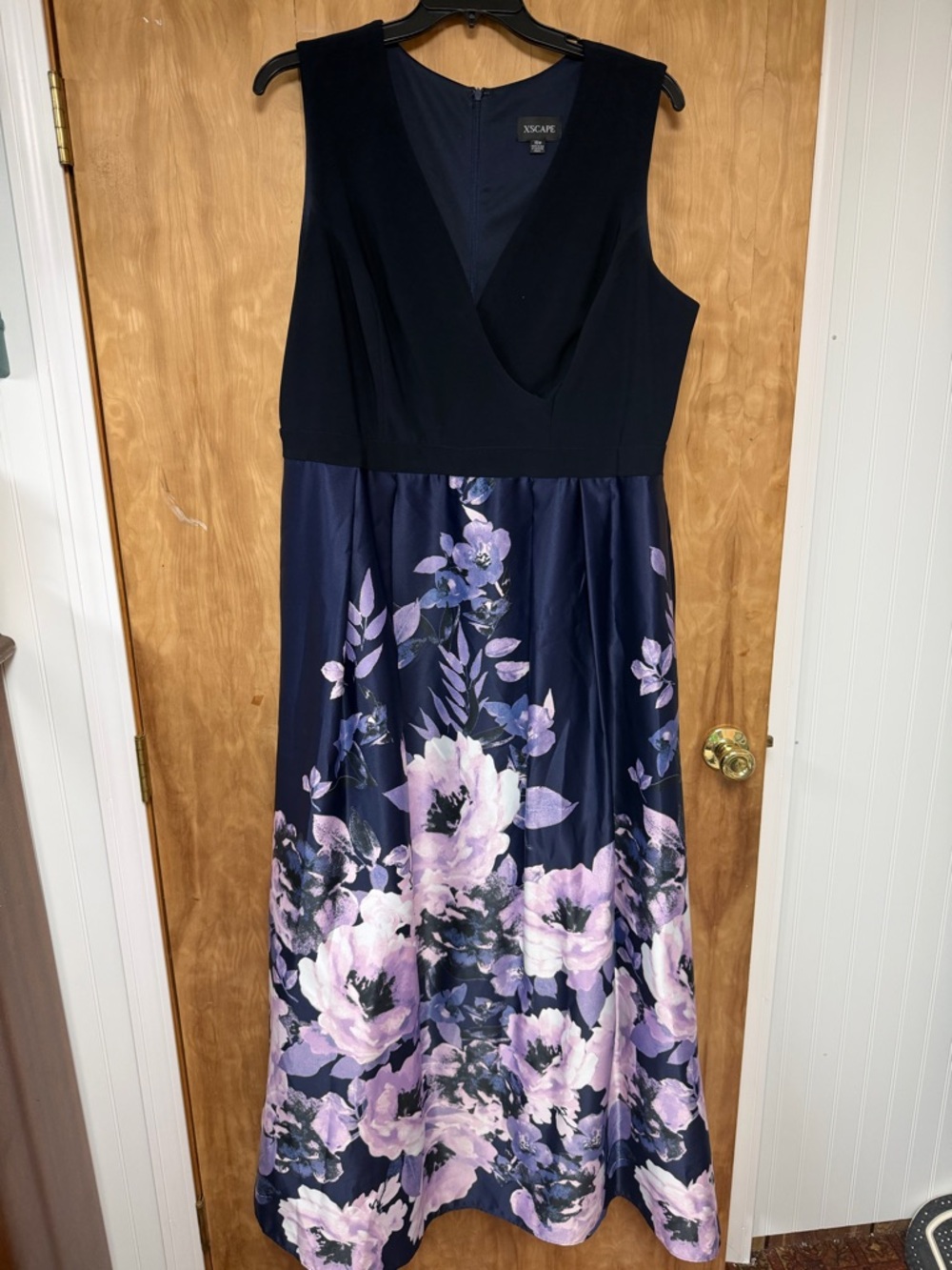 Xscape Navy and Lavender Floral V-Neck Maxi Dress